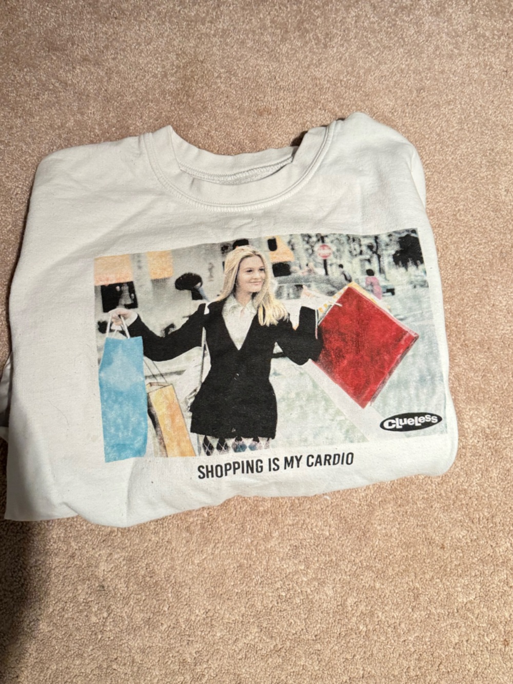 Clueless 'Shopping Is My Cardio' White Graphic Sweatshirt